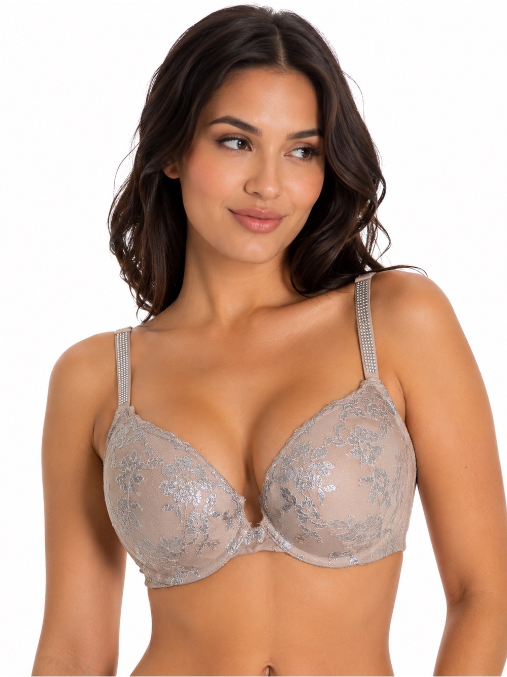 Victoria’s Secret Dream Angels Push Up Bra 34D Nude Silver Lace Rhinestone Strap